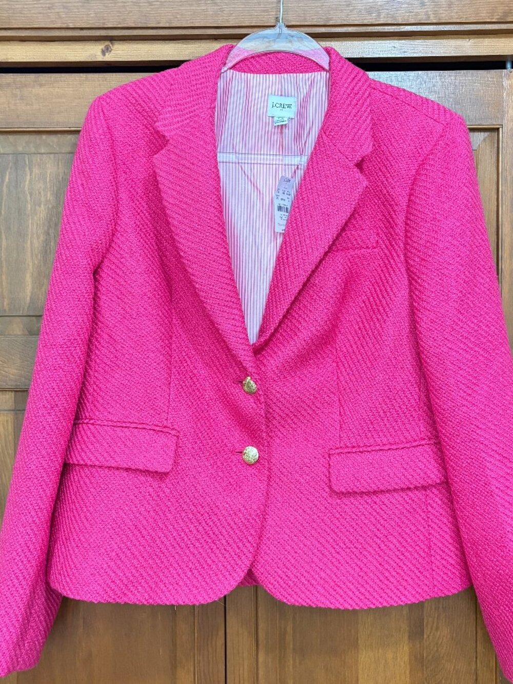 J.Crew Pink Tweed Lady Jacket Blazer Gold Crest Buttons Size 14
